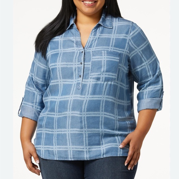 Cato Tops - Cato Plus Size Checkered Denim Blue Shirt (838)